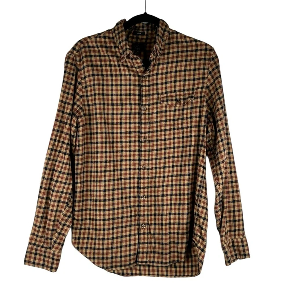 J. Crew Men's Cashmere Blend Slim Brown Black Checked Button Down Shirt Size Med